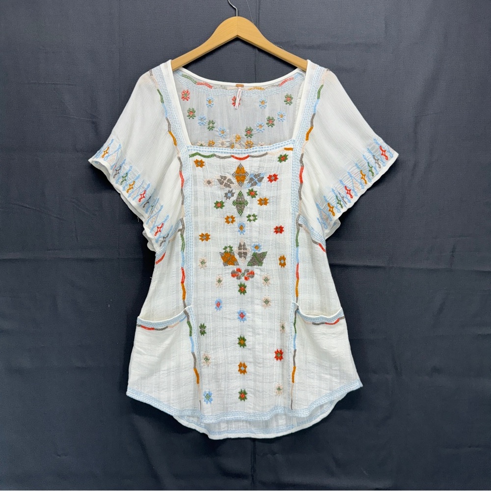 Free People Embroidered Mini Dress Shirt Size Large White Gausy Floral Boho
